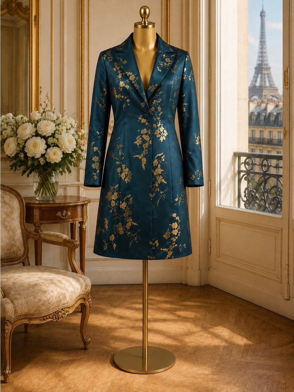 Women’s Peacock Teal & Antique Gold Floral Satin-Feel Longline Statement Coat